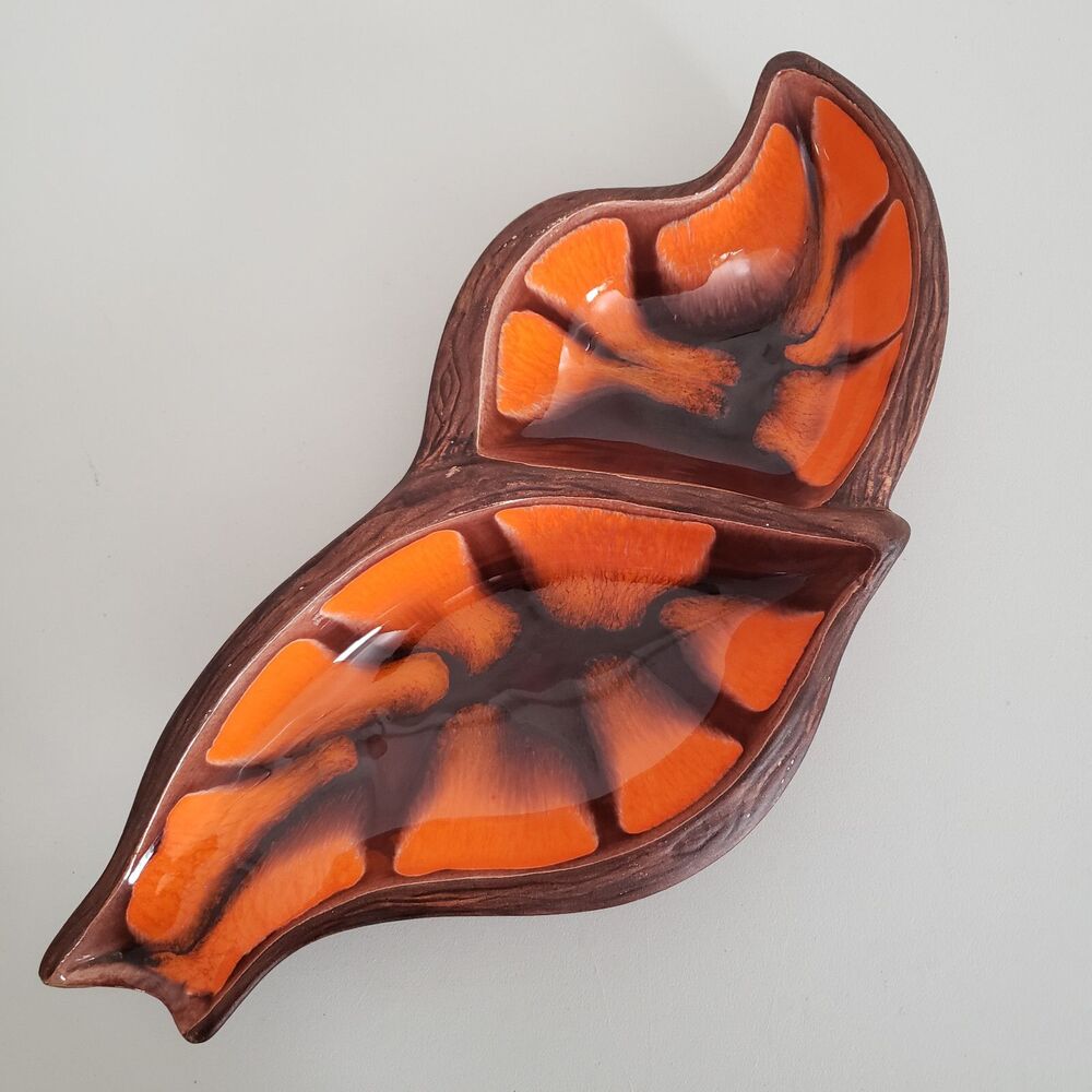 Leaf Shape Divided Nut Dish Appetizers Orange Drip Glaze 604 USA MCM Vintage